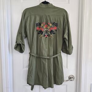 Embroidered Floral Army Green Cargo Romper Short Roll Sleeves Tie Waist Button